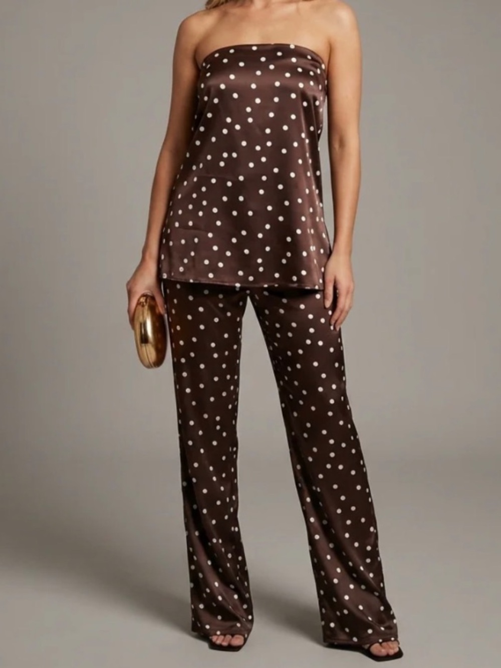 NWT Camila Coelho Brown and White Polka Dot Wide Leg Satin Pant Set